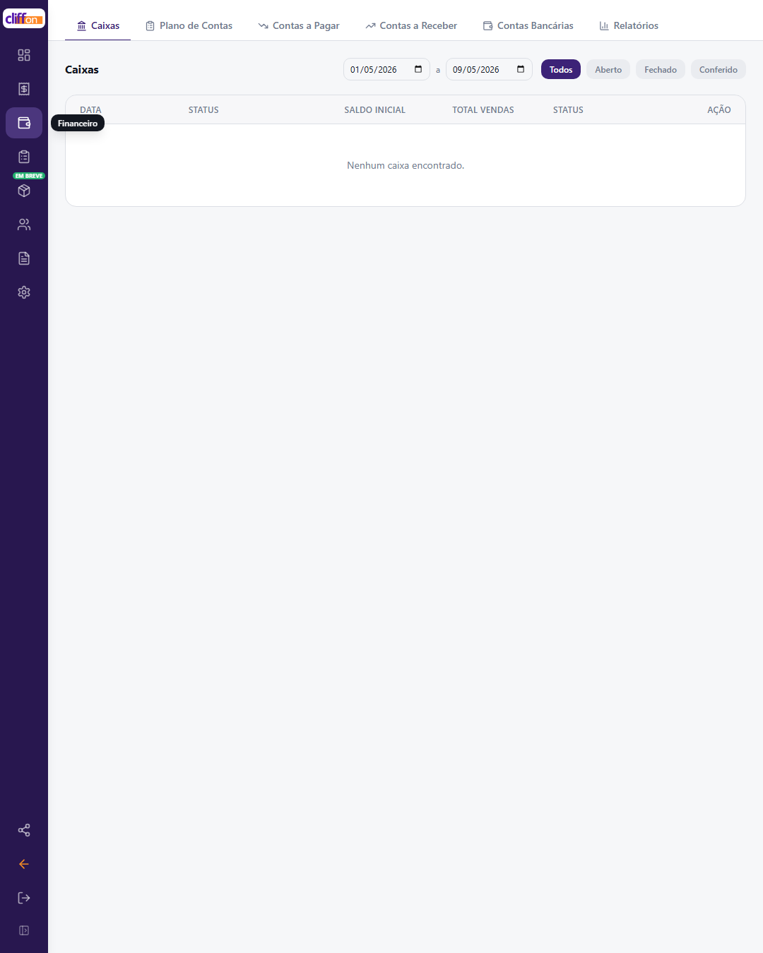 Tela financeiro Cliffon