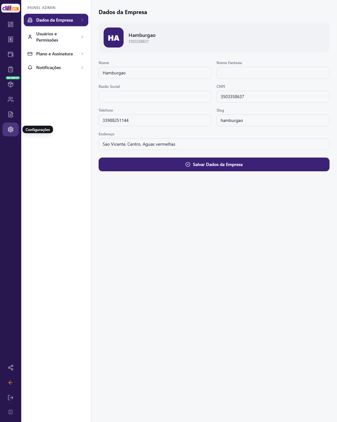 Tela de configurações do sistema Cliffon mostrando setup de nota fiscal eletrônica para açaiteria